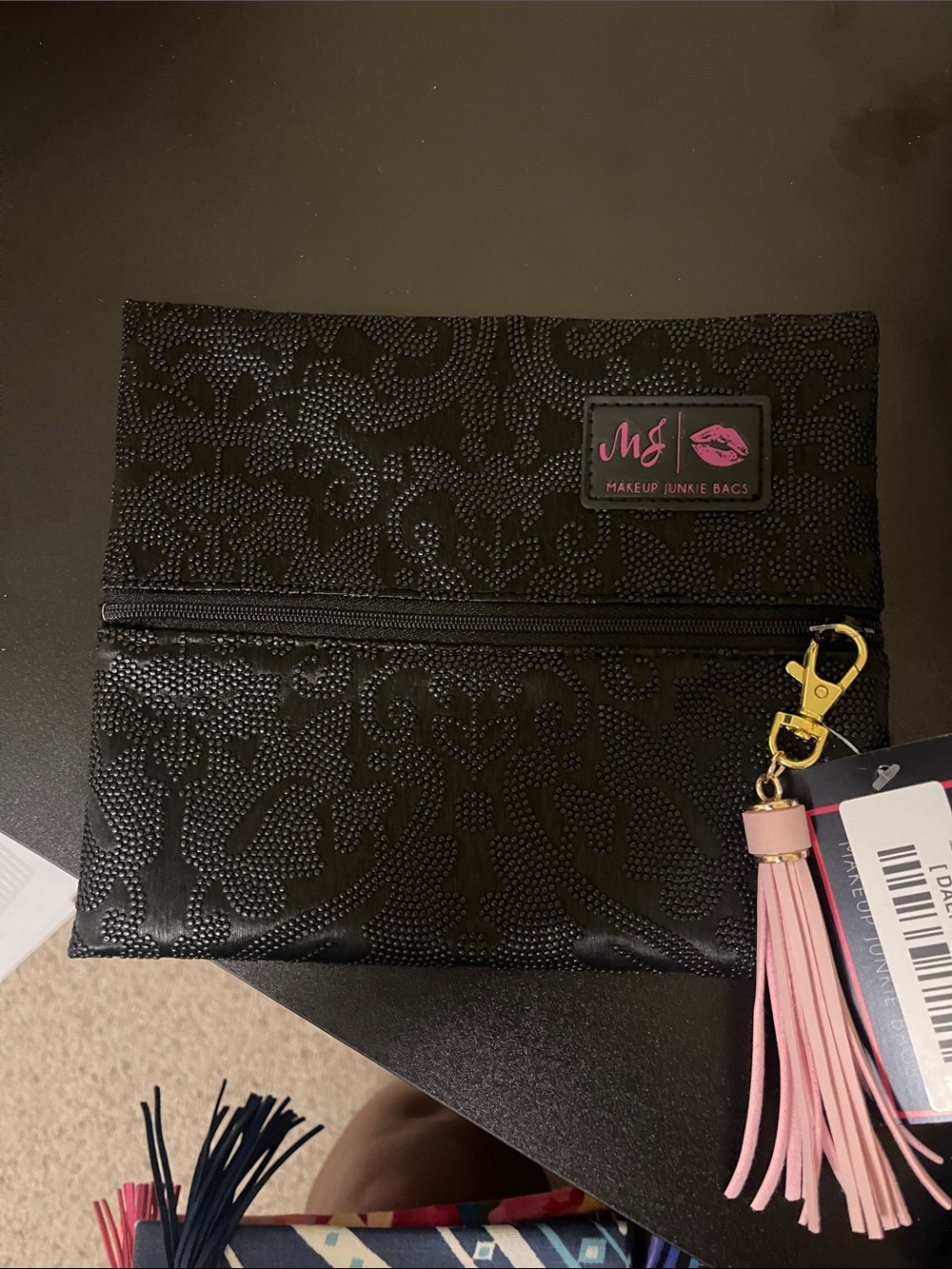 Black makeup junkie bag with Pink Tassel